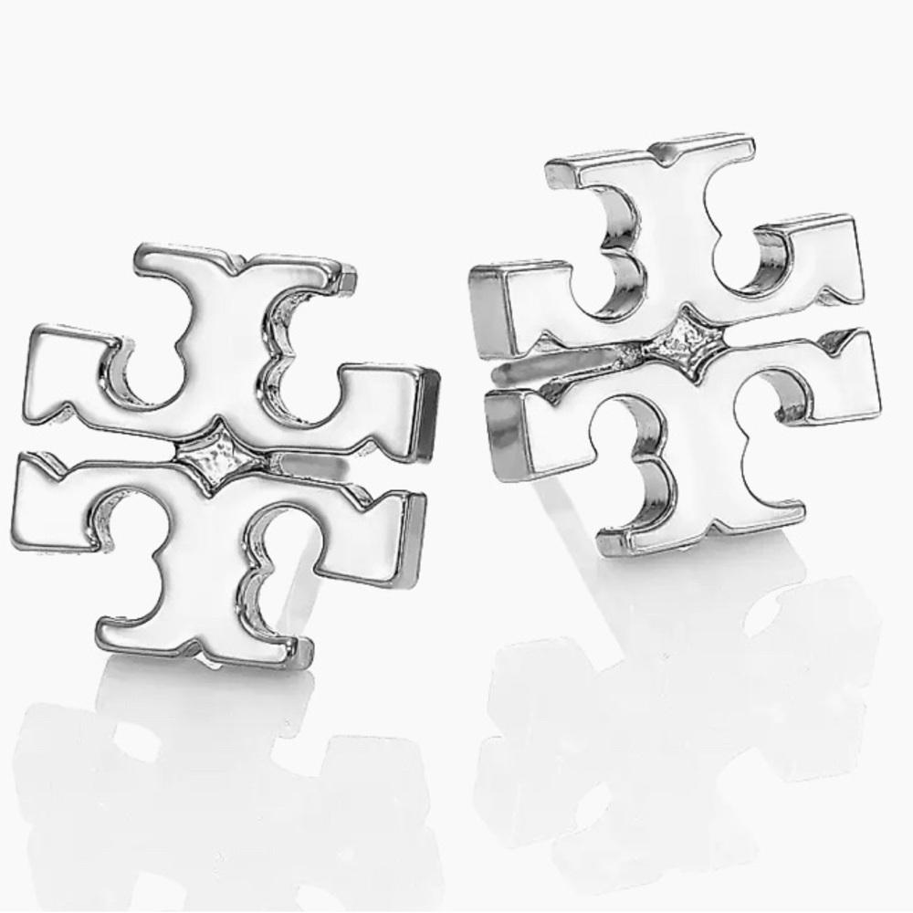 Tory Burch Silver-Tone Iconic Logo Stud Earrings